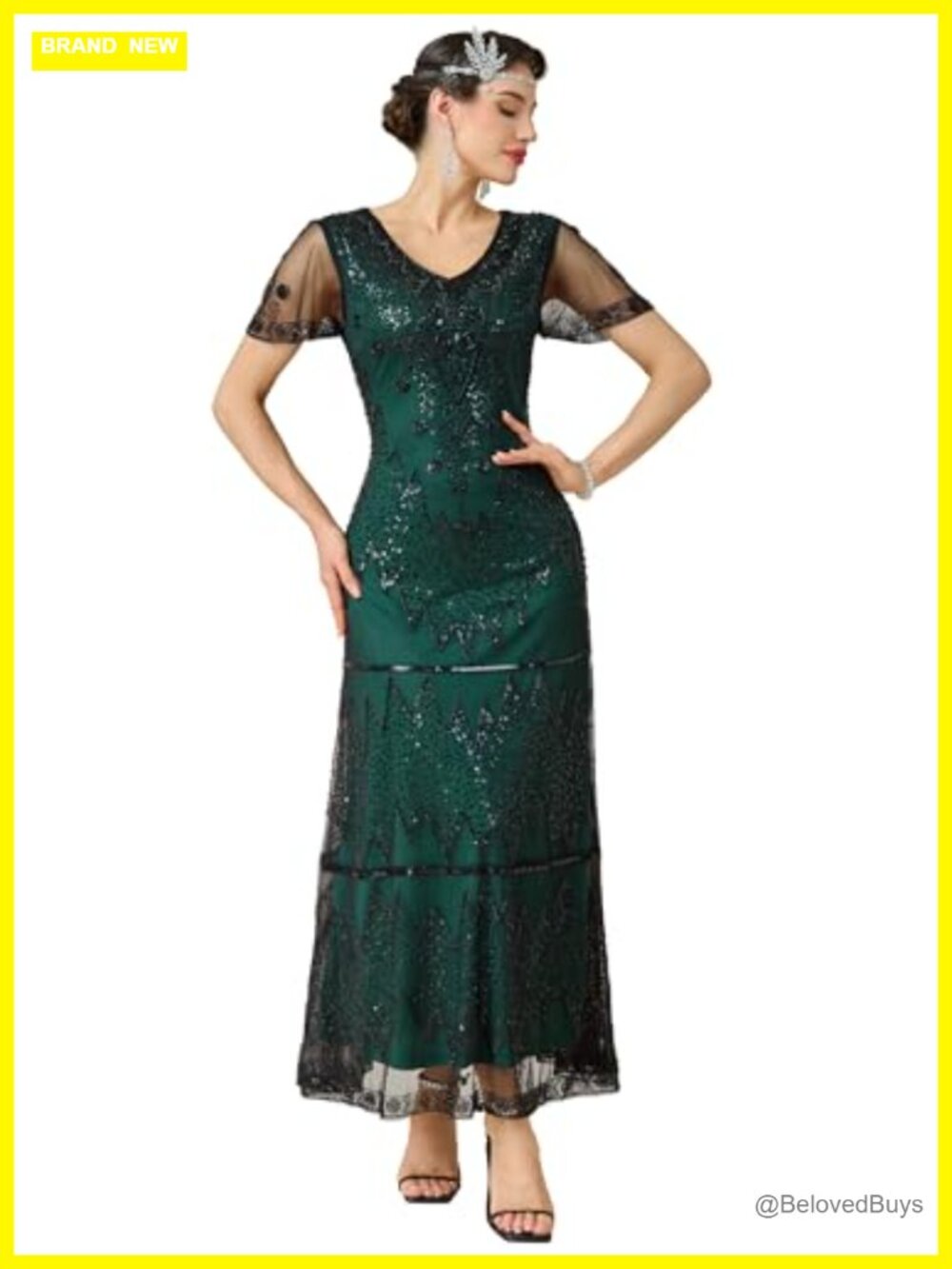 1920s V-Neck Sequin Beaded Flapper Maxi Dress Formal Evening Gown
